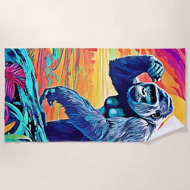 Neon Jungle Gorilla Urban Fantasy Beach Towel (Front)
