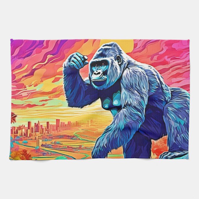 Neon Jungle Gorilla Urban Fantasy Tea Towel (Horizontal)
