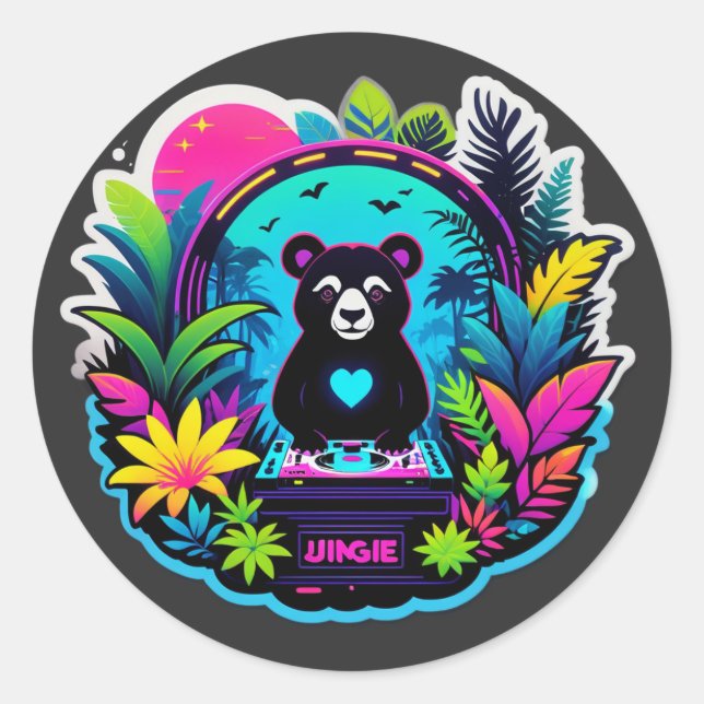 Neon Jungle Panda DJ Classic Round Sticker (Front)