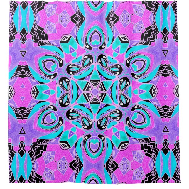 Neon kaleidoscope , mandala shower curtain (Front)