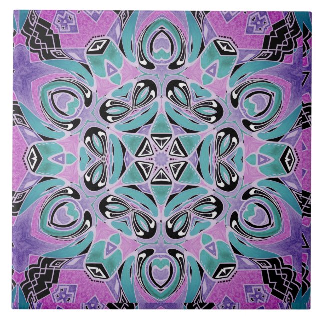 Neon kaleidoscope , mandala tile (Front)