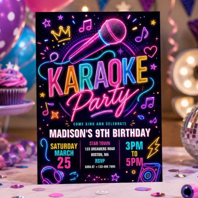 Neon Karaoke Party Birthday Invitation (Creator Uploaded)