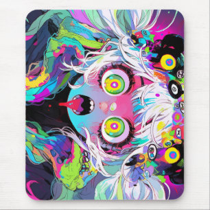 Neon Kawaii Shockwave: Psychedelic Anime Girl Mouse Pad