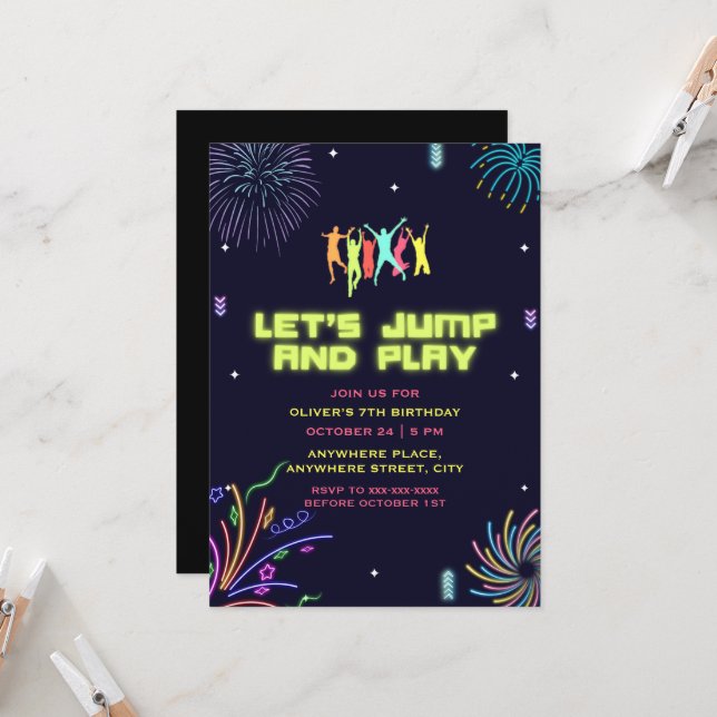 Neon kids trampoline park birthday  invitation (Front/Back In Situ)