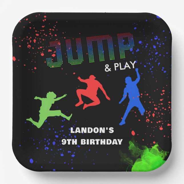 Neon Kids Trampoline Park Birthday Party Paper Plate (Front)