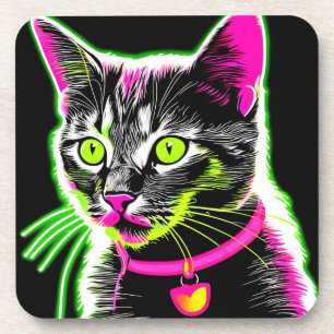 Neon Kitty Feline Art Coaster