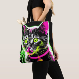 Neon Kitty Feline Art Tote Bag