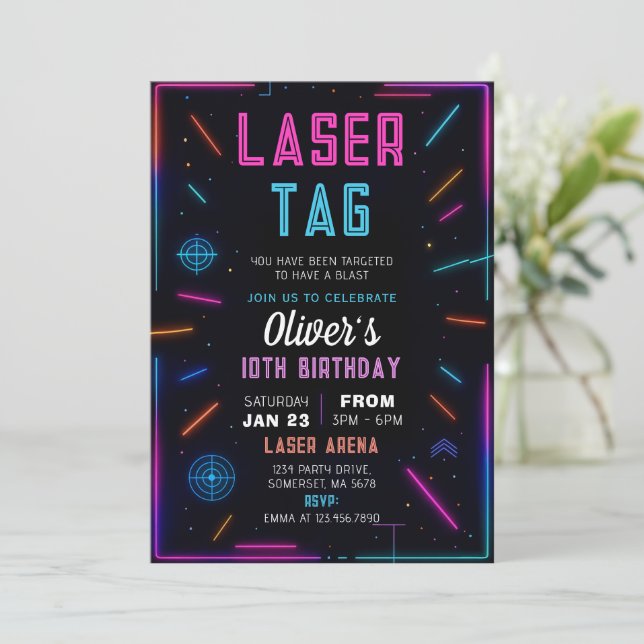 Neon Laser Tag Birthday Invitation (Standing Front)