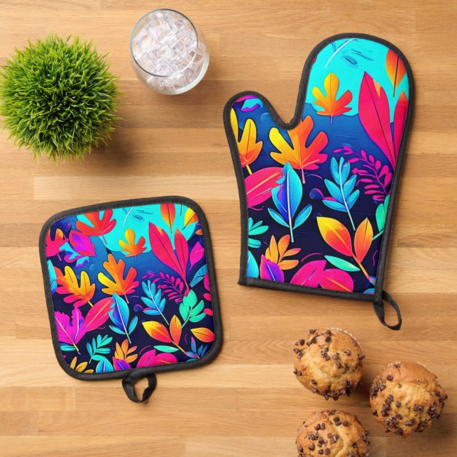 Neon Leaf Paradise Art Oven Mitt & Pot Holder Set (Top Down)