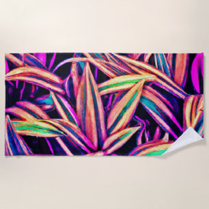 Neon Leaf Patterns Unveiled Beach Towel