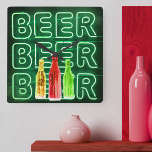 Neon LED Beer Sign Emerald Green Square Wall Clock