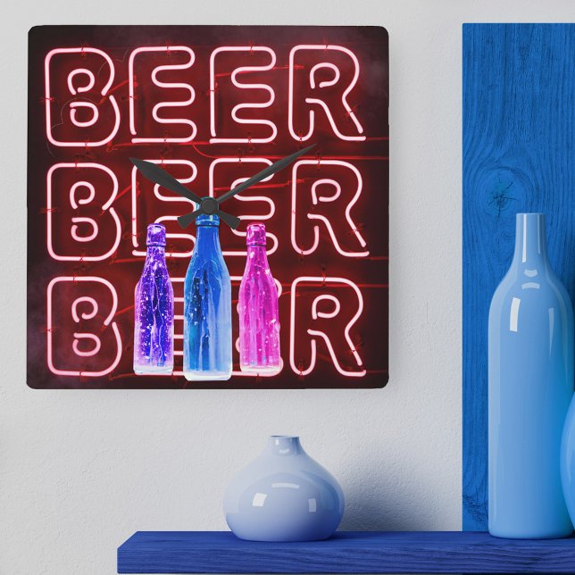 Neon LED Beer Sign Red Square Wall Clock (Beer Clock with mock neon bar sign design.)