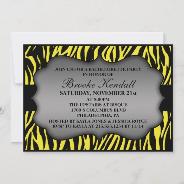 Neon Lemon Wild Night Zebra Bachelorette Party Invitation (Front)