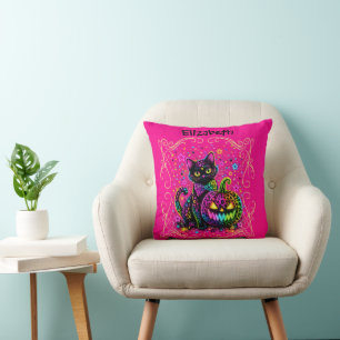 Neon Leopard Halloween Cat & Pumpkin Party Cushion