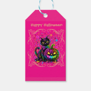 Neon Leopard Halloween Cat & Pumpkin Party Gift Tags
