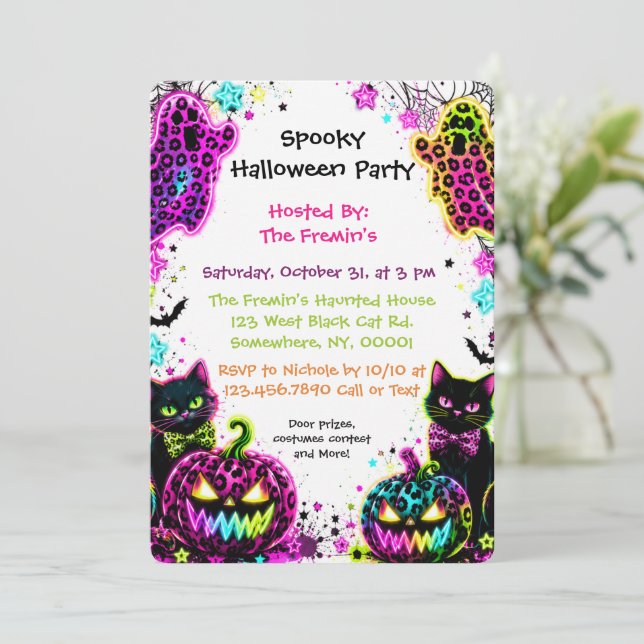 Neon Leopard Halloween Cat & Pumpkin Party Invitation (Standing Front)