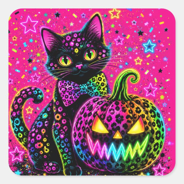 Neon Leopard Halloween Cat & Pumpkin Party Square Sticker (Front)