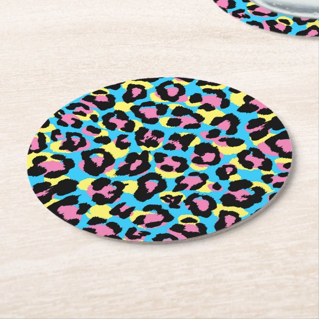 Neon Leopard Spots Pattern Round Paper Coaster (Angled)