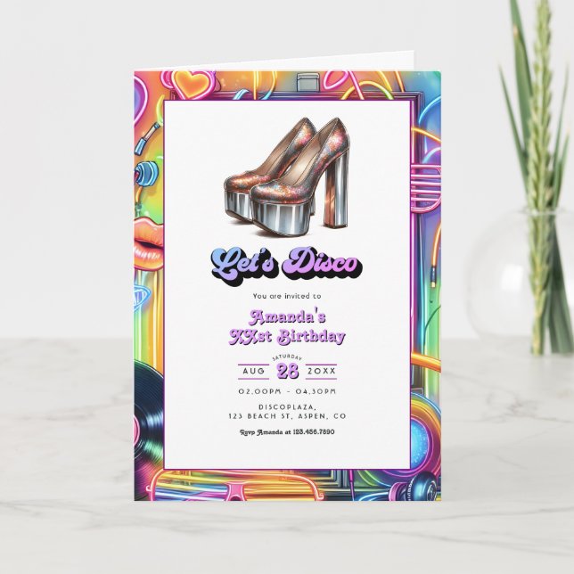 Neon "Let's Disco" Birthday Party Invitation (Front)