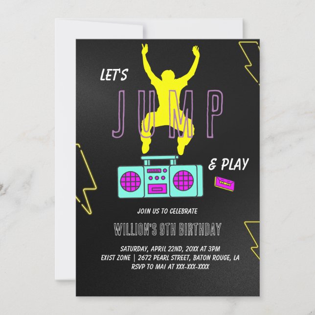 Neon Let's Jump Kids Birthday Party Invitation (Front)