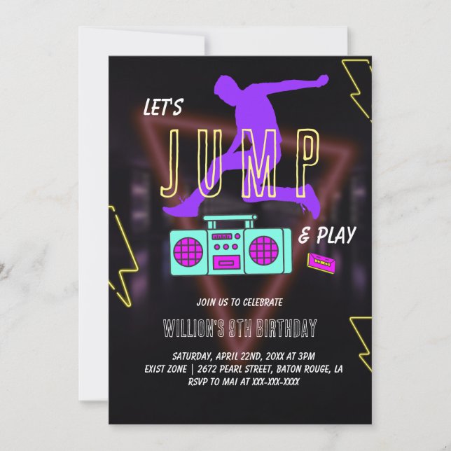 Neon Let's Jump Kids Birthday Party Invitation (Front)