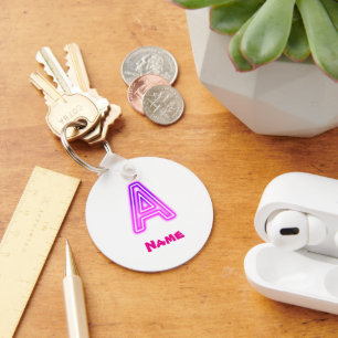 Neon Letter A Monogram Glowing Purple Pink Initial Key Ring