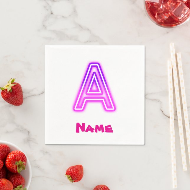 Neon Letter A Monogram Glowing Purple Pink Initial Napkin (Insitu)