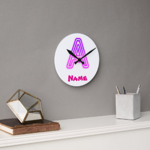 Neon Letter A Monogram Glowing Purple Pink Initial Round Clock