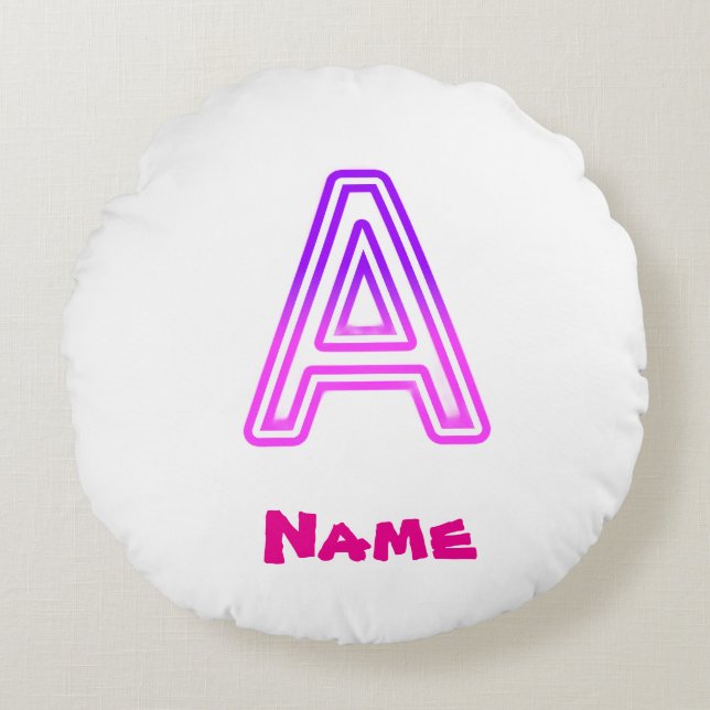 Neon Letter A Monogram Glowing Purple Pink Initial Round Cushion (Front)