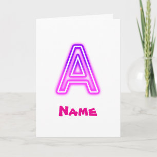Neon Letter A Monogram Glowing Purple Pink Initial Thank You Card