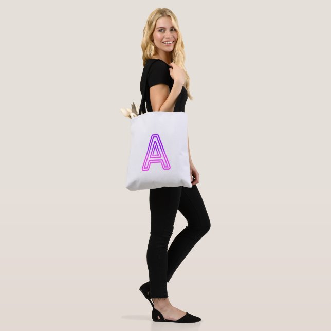 Neon Letter A Monogram Glowing Purple Pink Initial Tote Bag (On Model)