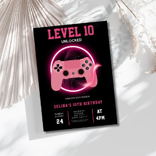 Neon Level 10 Unlocked video game birthday Invitation