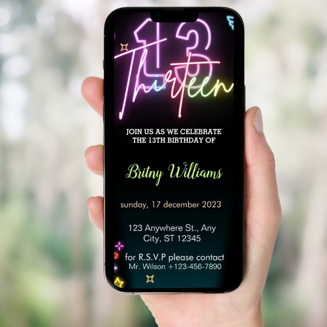 Neon  Light 13th Phone Birthday  Invitation (Creator Uploaded)