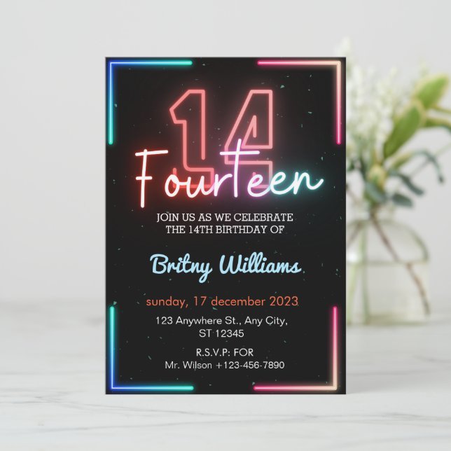 Neon  Light 14th Birthday Invitation (Standing Front)