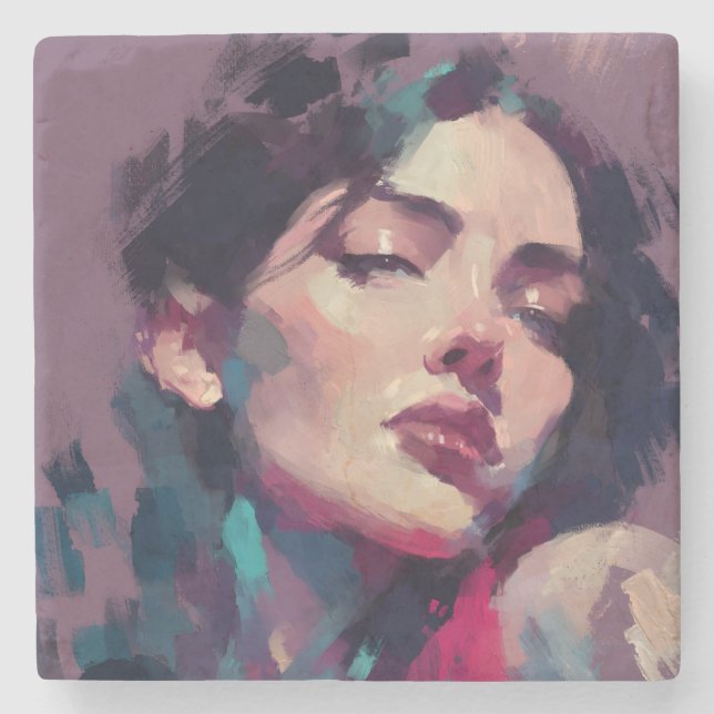 Neon Light Abstract Portrait Stone Coaster (Front)
