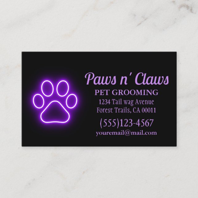 Neon Light Dog Paw Pet Grooming Business Card (Front)