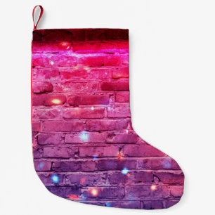 Neon light: empty brick wall. small christmas stocking