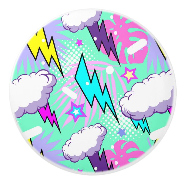 Neon Lightning Bolts & Stars Pattern Ceramic Knob (Front)