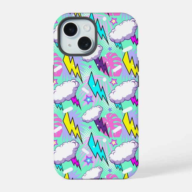 Neon Lightning Bolts & Stars Pattern iPhone 15 Case (Back)