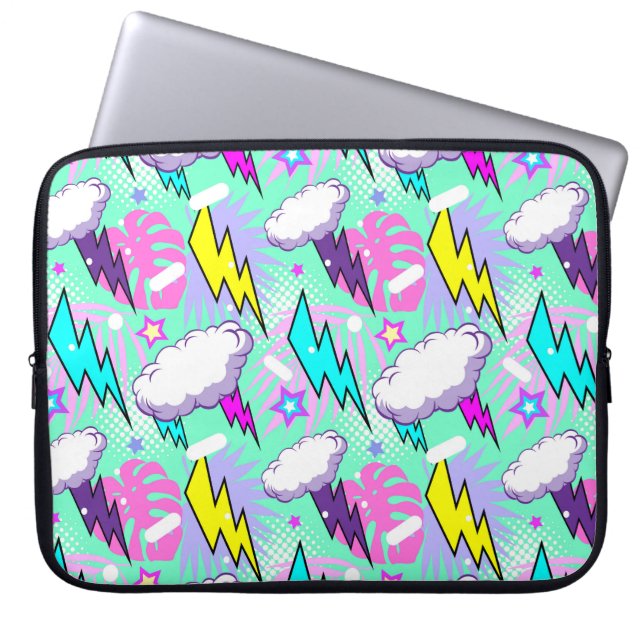 Neon Lightning Bolts & Stars Pattern Laptop Sleeve (Front)