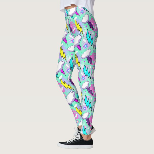 Neon Lightning Bolts & Stars Pattern Leggings (Left)