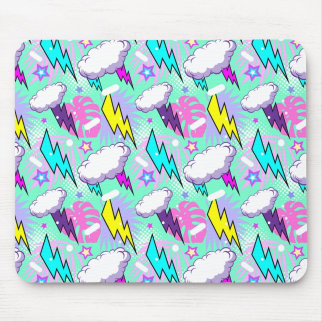 Neon Lightning Bolts & Stars Pattern Mouse Pad (Front)