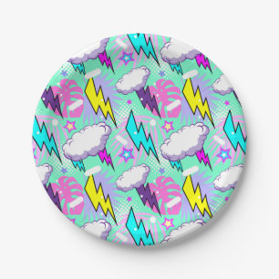 Neon Lightning Bolts & Stars Pattern Paper Plate