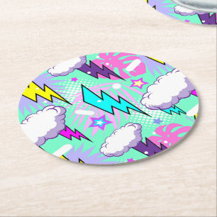 Neon Lightning Bolts & Stars Pattern Round Paper Coaster