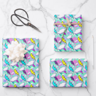 Neon Lightning Bolts & Stars Pattern Wrapping Paper Sheet