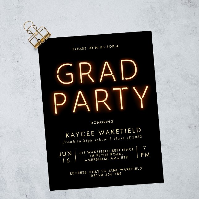 Neon Lights Black Photo Grad Party  Invitation (Creator Uploaded)