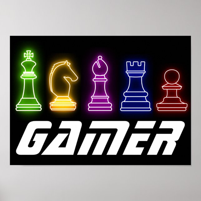 Neon Lights Gamer Chess Pieces Chess King Poster (Front)