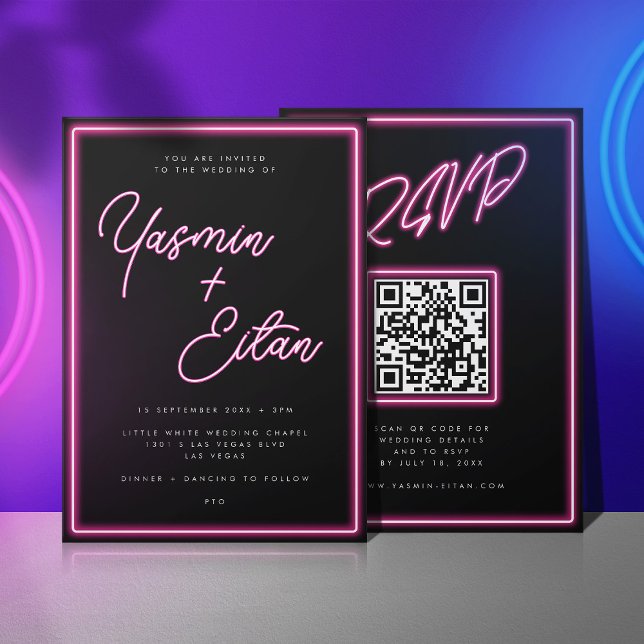 Neon Lights Hot Pink Black QR Code Wedding Invitation (Black invitation with pink neon light script for the bride and groom's names)
