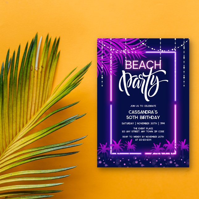 Neon Lights Palm Beach Night Party Birthday Invitation (Creator Uploaded)