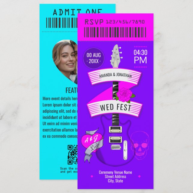 Neon Lights Rock ’n’ Roll Wedding Ticket Invitation (Front/Back)